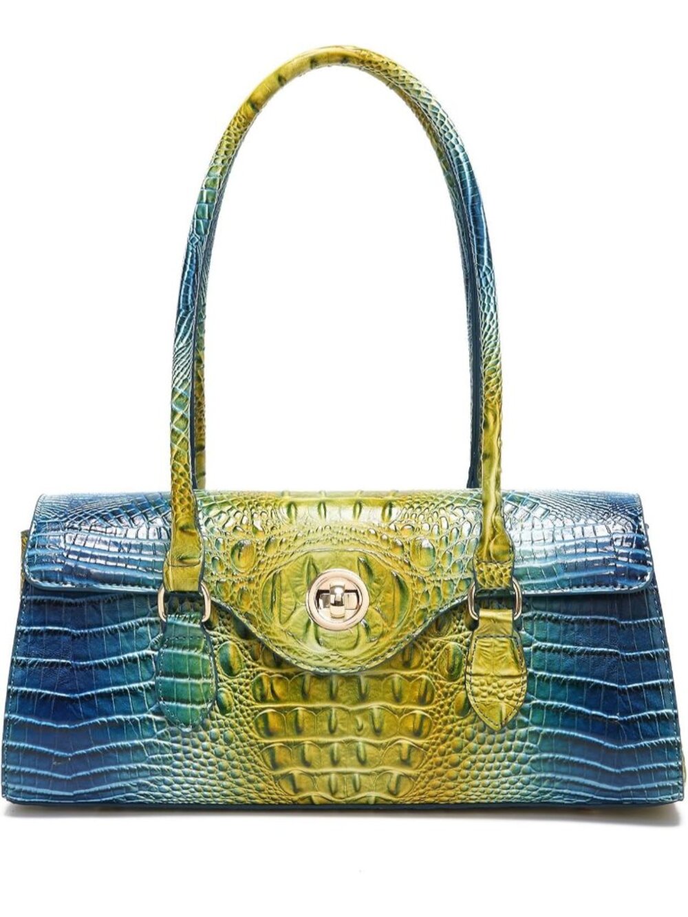 Women's Blue Yellow Leather Crocodile Pattern Handle Handbag Satchel Tote Purse